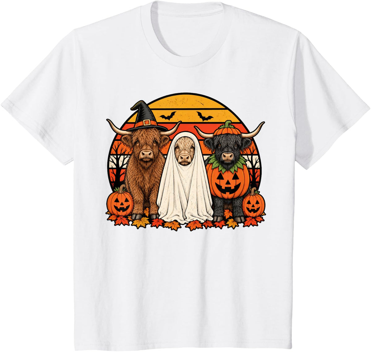 Spooky Scottish Highland Cow Pumpkin Ghost Halloween T-Shirt - White