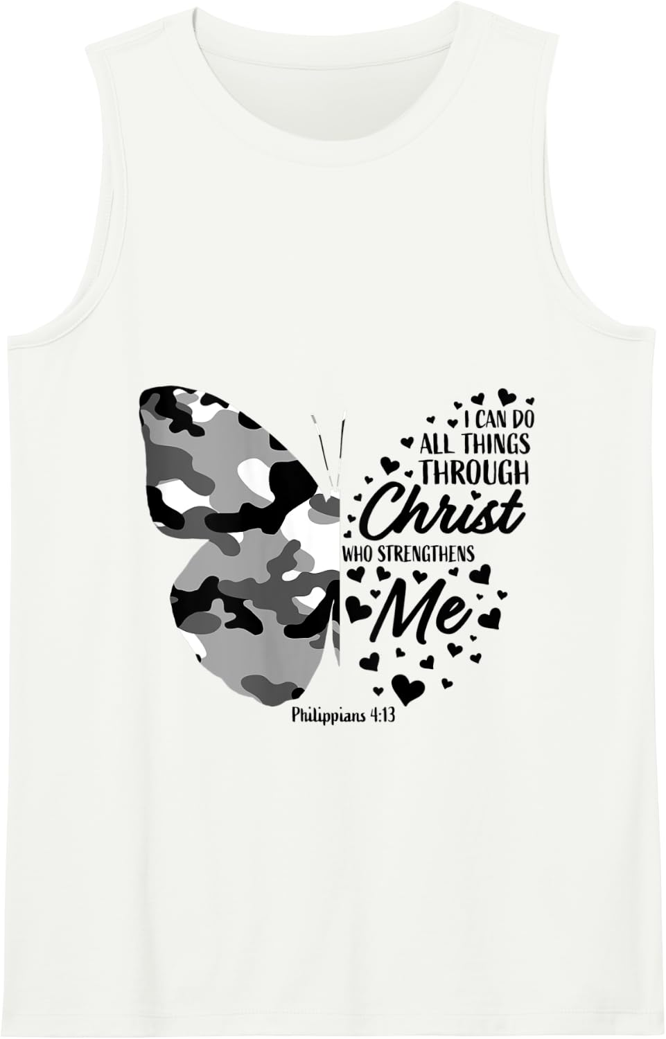 Womens Black White Camo Butterfly Christian Religious Verse Graphic Tank Top - White