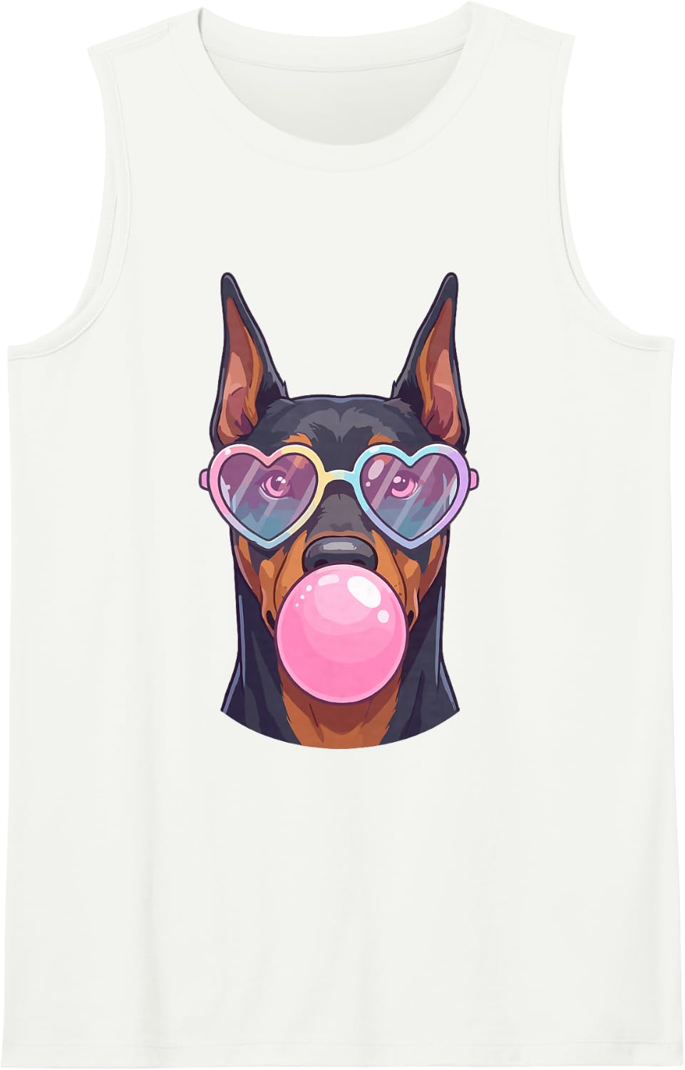 Doberman Pinscher Dog Blowing Bubble Gum Pink Sunglasses Sleeveless Tank Top - White