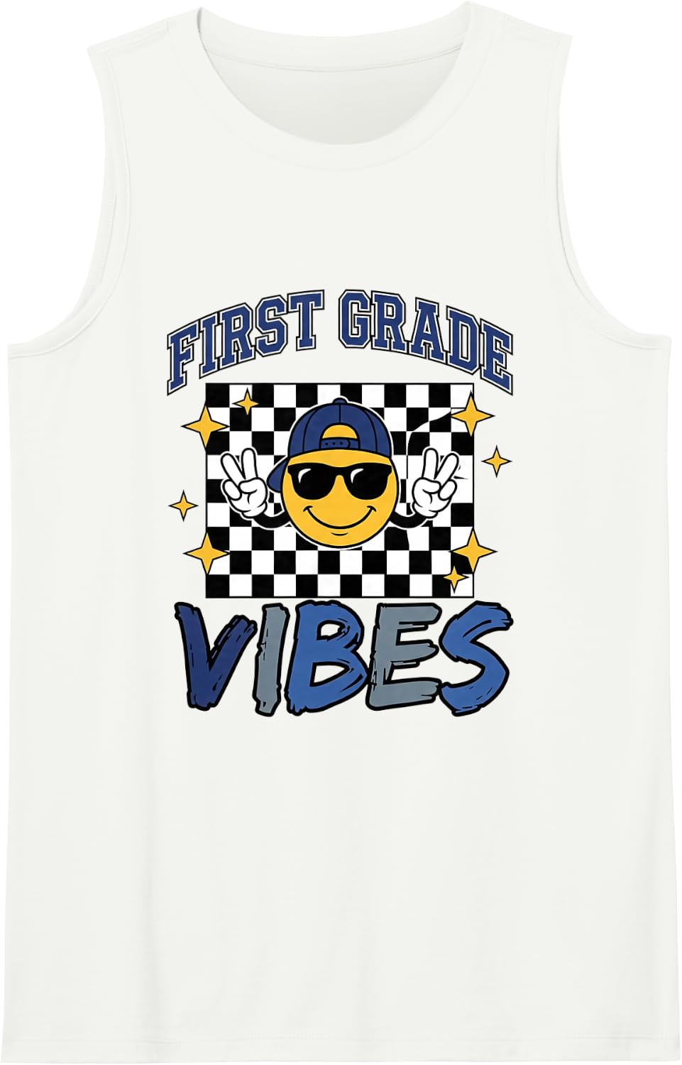 First Grade Vibes Back to School Boys Student Checkered Sleeveless Tank Top - White