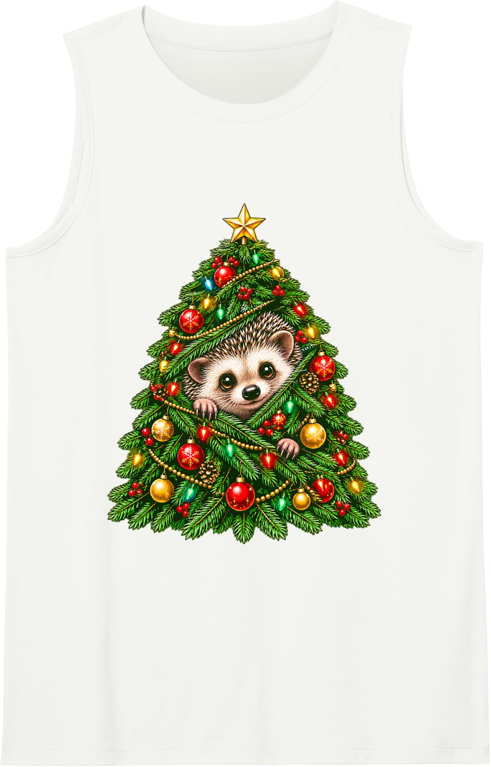 Hedgehog Peeking with Christmas Tree Festive Lights Xmas Sleeveless Tank Top - White