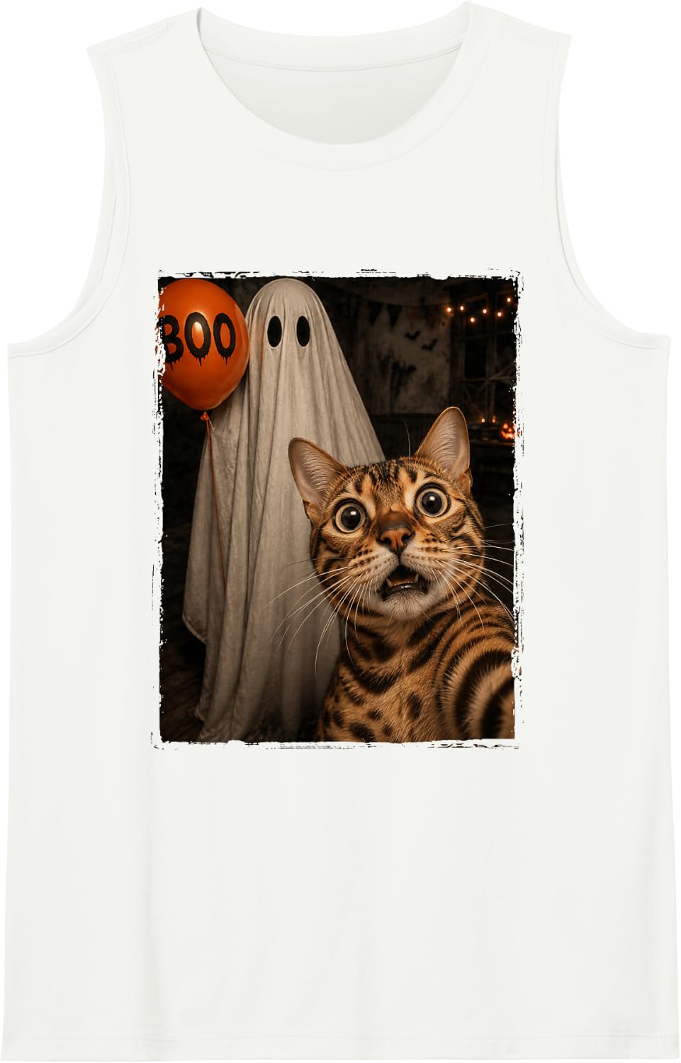Funny Bengal Cat Halloween Selfie Ghost Boo Balloon Kids Sleeveless Tank Top - White