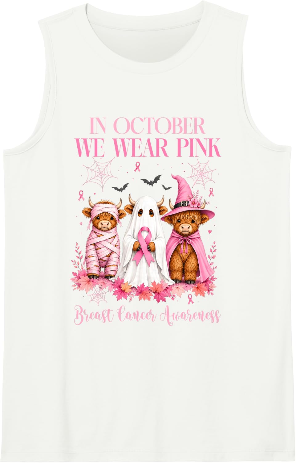 in October We Wear Pink Highland Cow Breast Cancer Awareness Sleeveless Tank Top - White