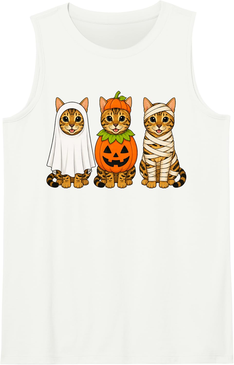 Spooky Bengal Cat Pumpkin Ghost Halloween Tank Top - White