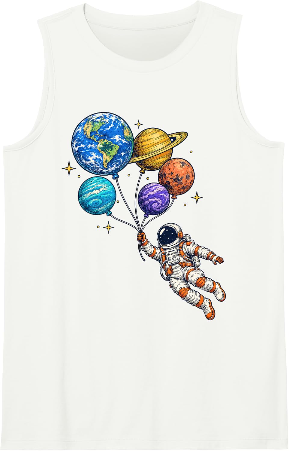 Cute Astronaut Holding Space Kitten and Solar System Balloon Sleeveless Tank Top - White