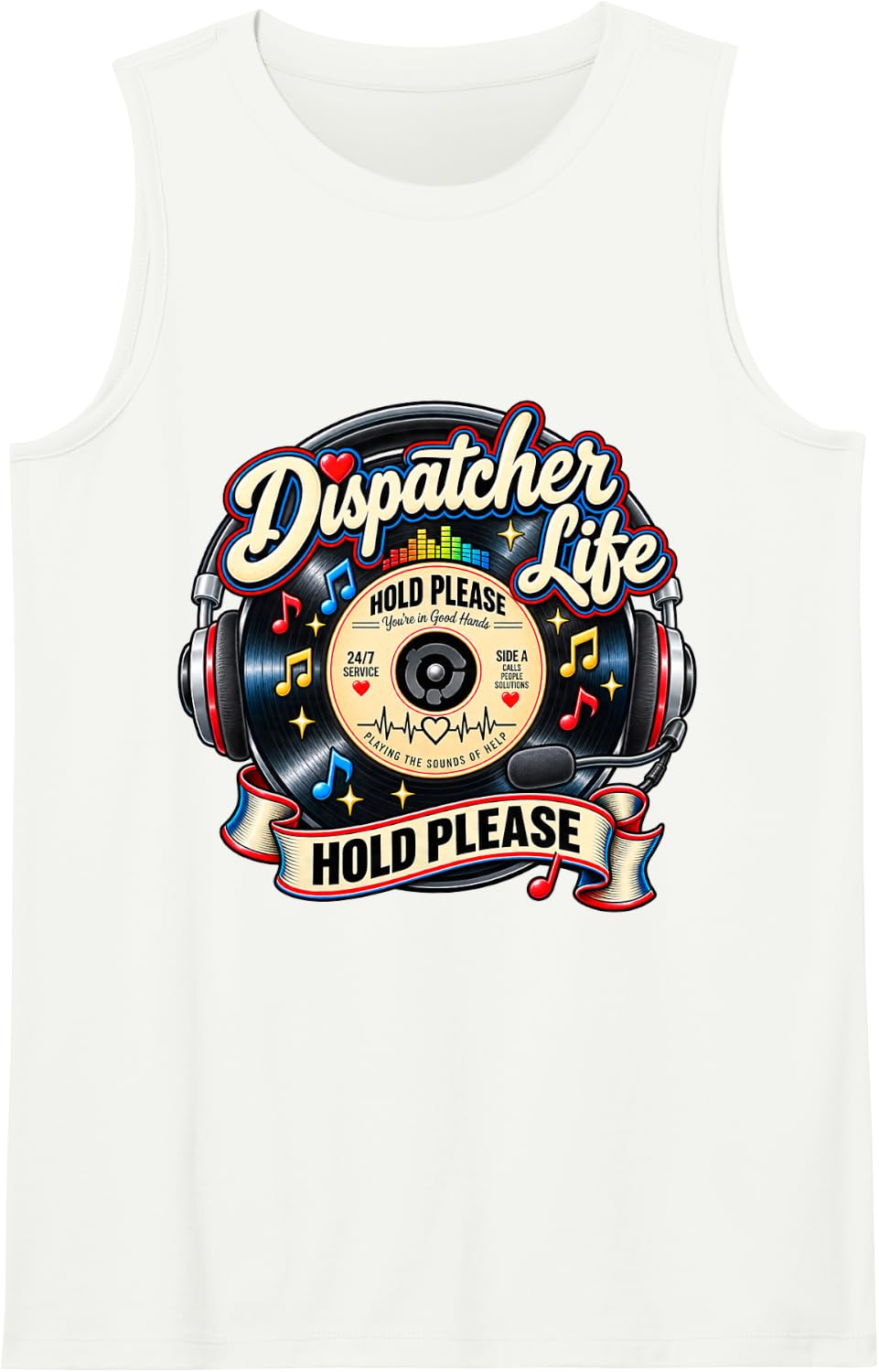 Hold Please Dispatcher Life Retro Vinyl Headset Sleeveless Tank Top - White
