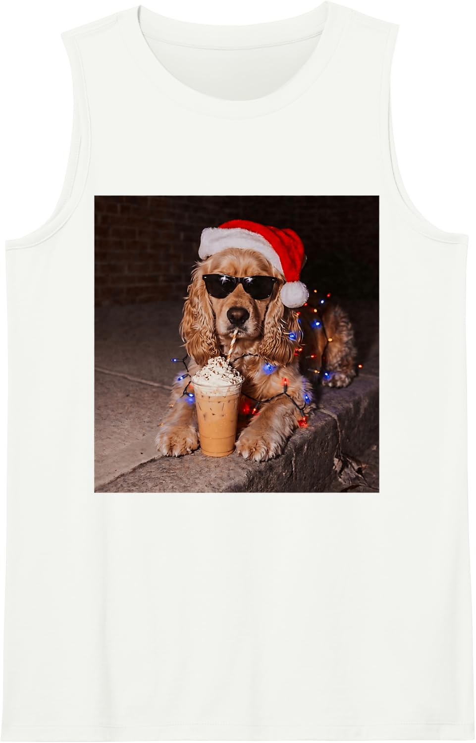 Cool Cocker Spaniel Santa Hat Iced Coffee Dog Xmas Lights Sleeveless Tank Top - White