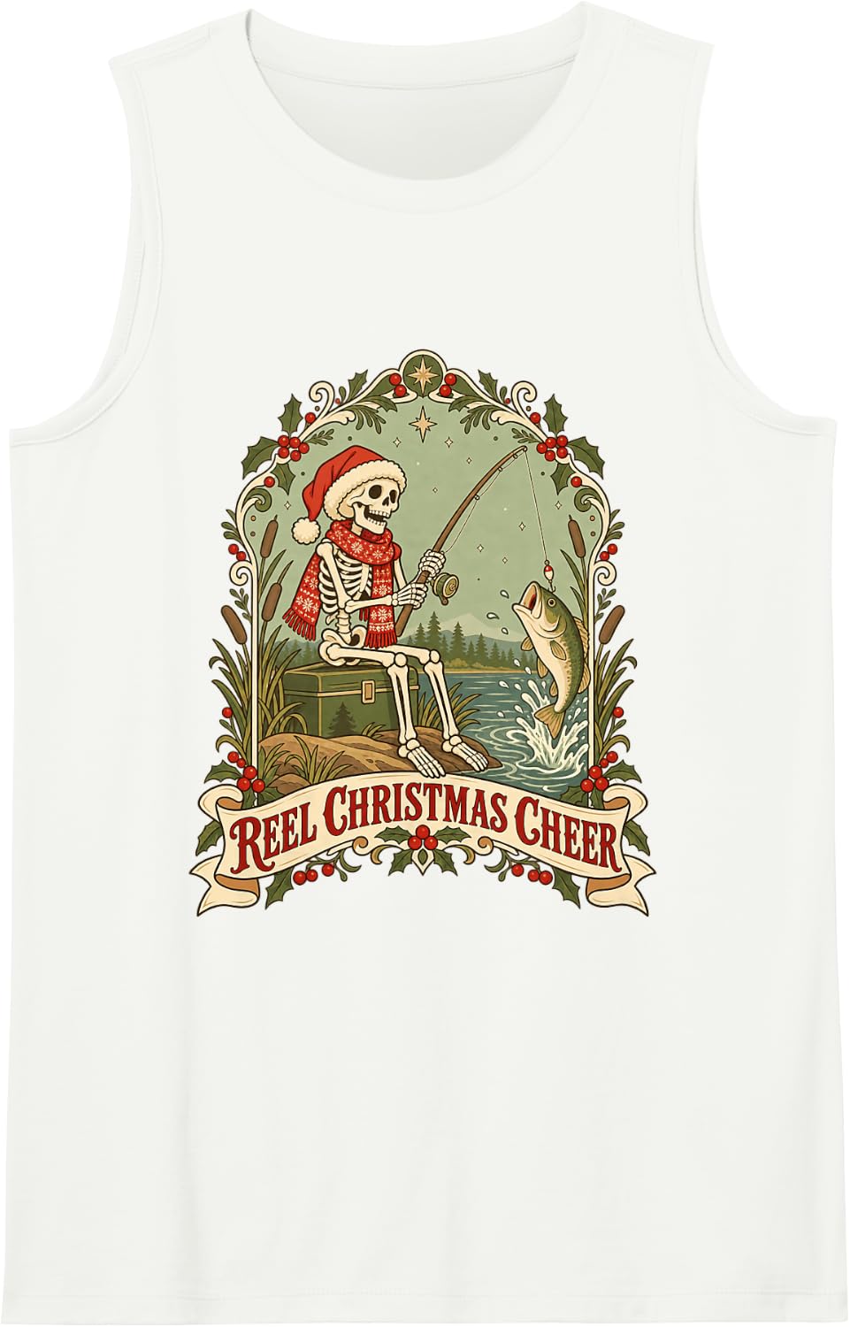 Reel Christmas Cheer Skeleton Fishing Funny Angler Holiday Sleeveless Tank Top - White