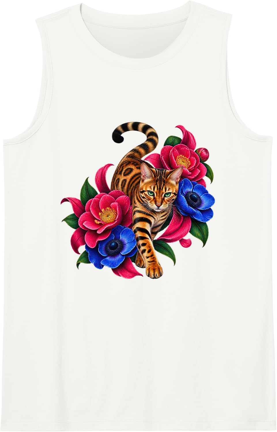 Bengal Cat with Pink Camellias and Blue Anemones Sleeveless Tank Top - White