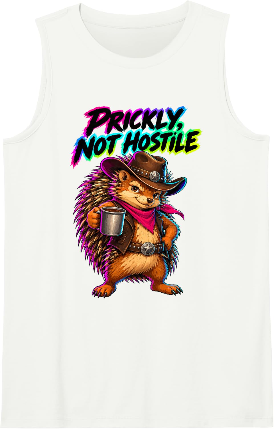 Prickly Not Hostile Cowboy Hedgehog Western Introvert Joke Sleeveless Tank Top - White