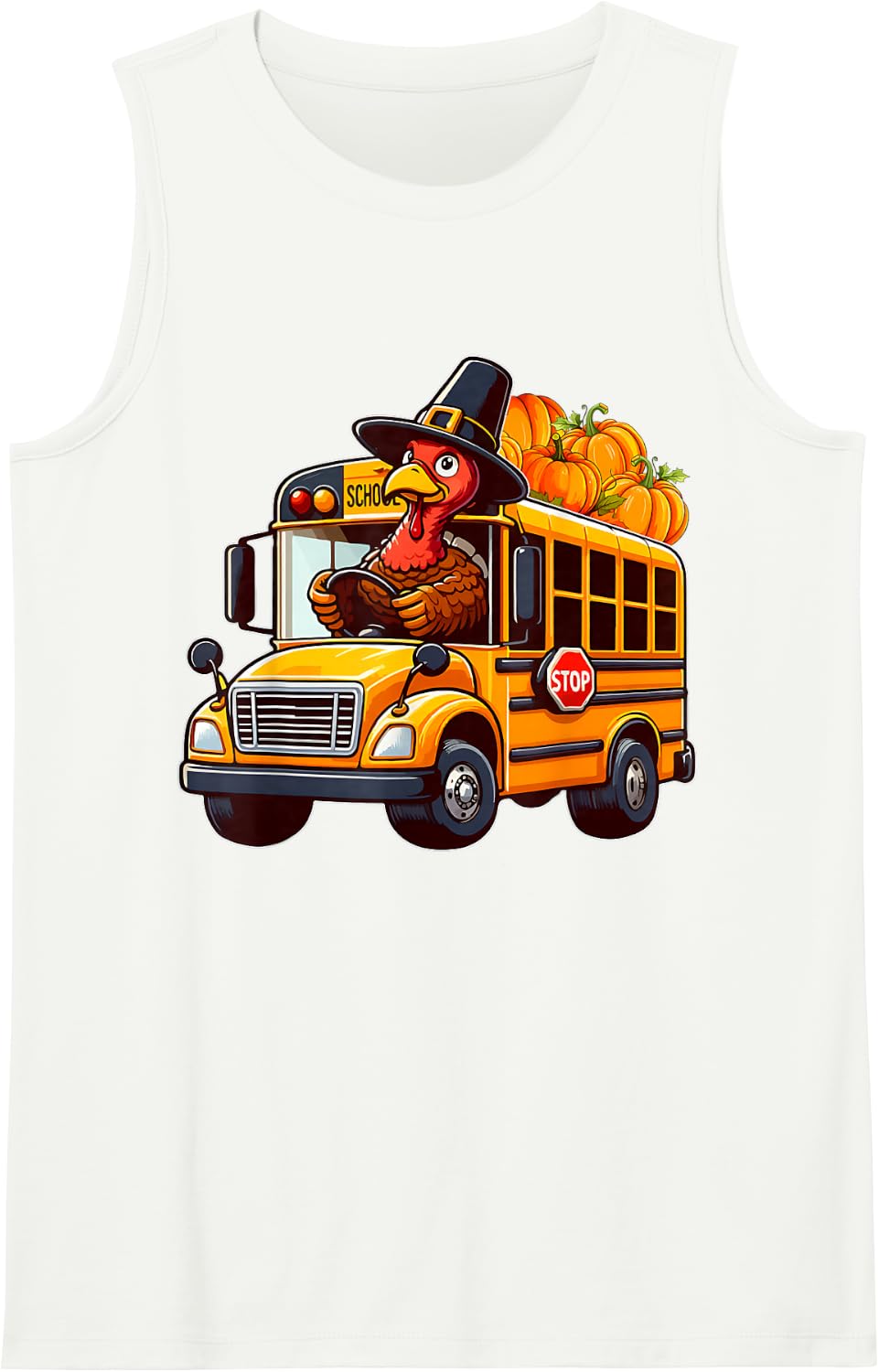 Turkey Driving School Bus Thanksgiving Driver Fall Pumpkins Sleeveless Tank Top - White