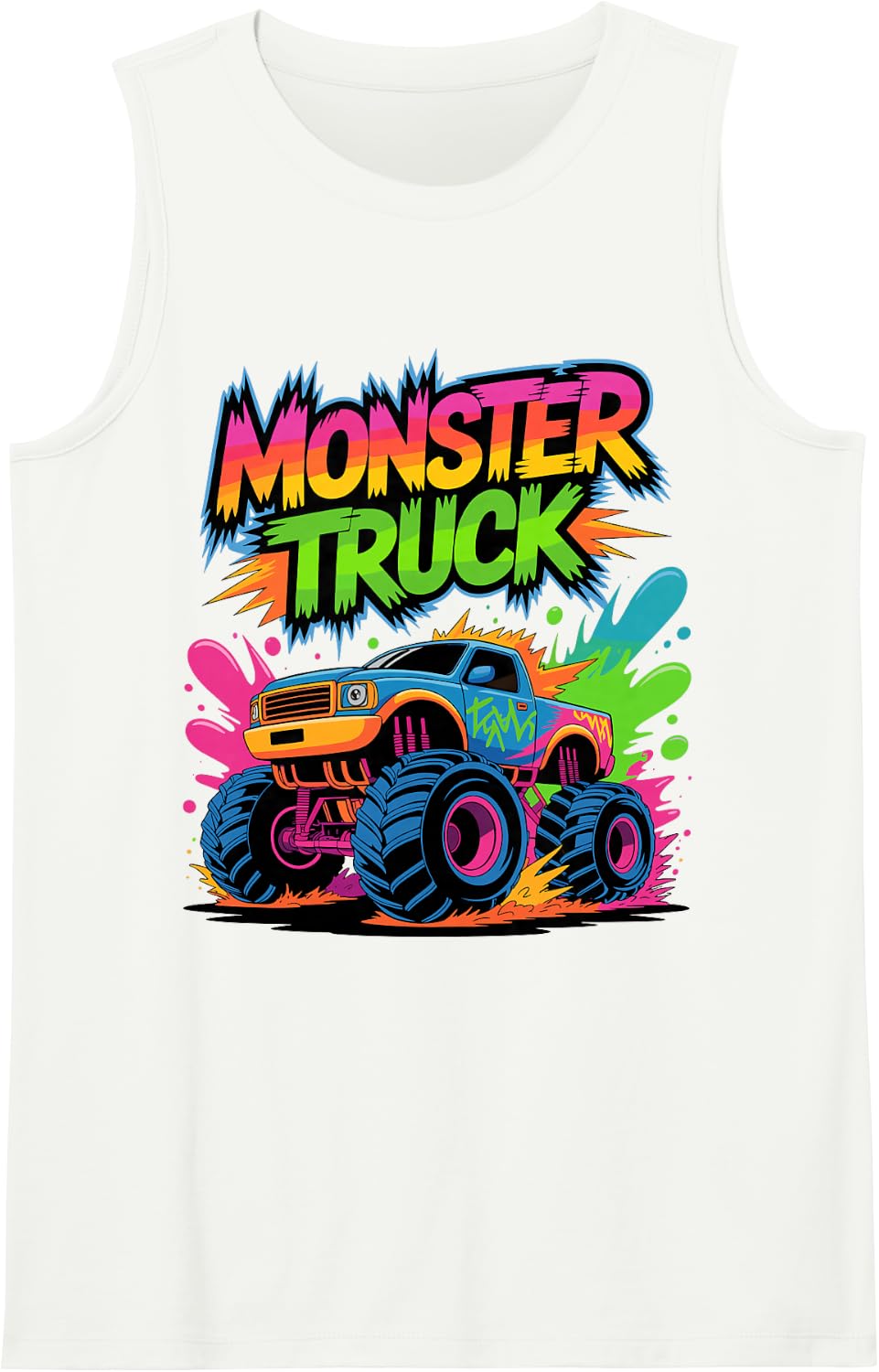 Cool Monster Truck Art for Kids Boys Girls Monster Truck Sleeveless Tank Top - White