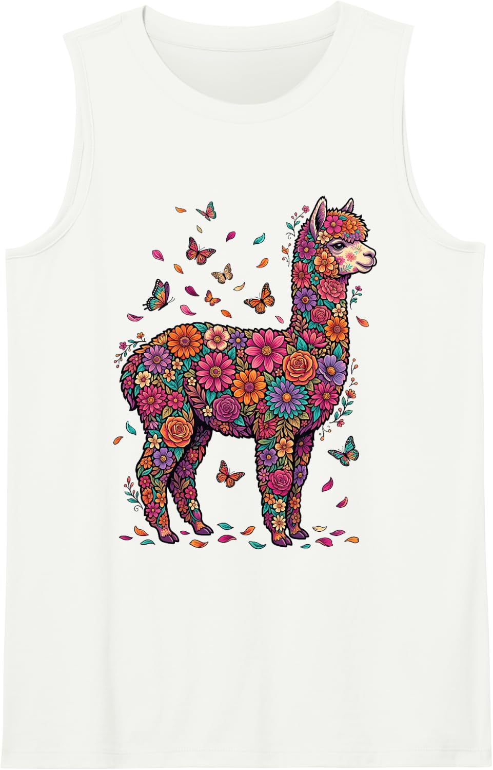 Alpaca Colorful Floral Butterfly Flowers Botanical Sleeveless Tank Top - White