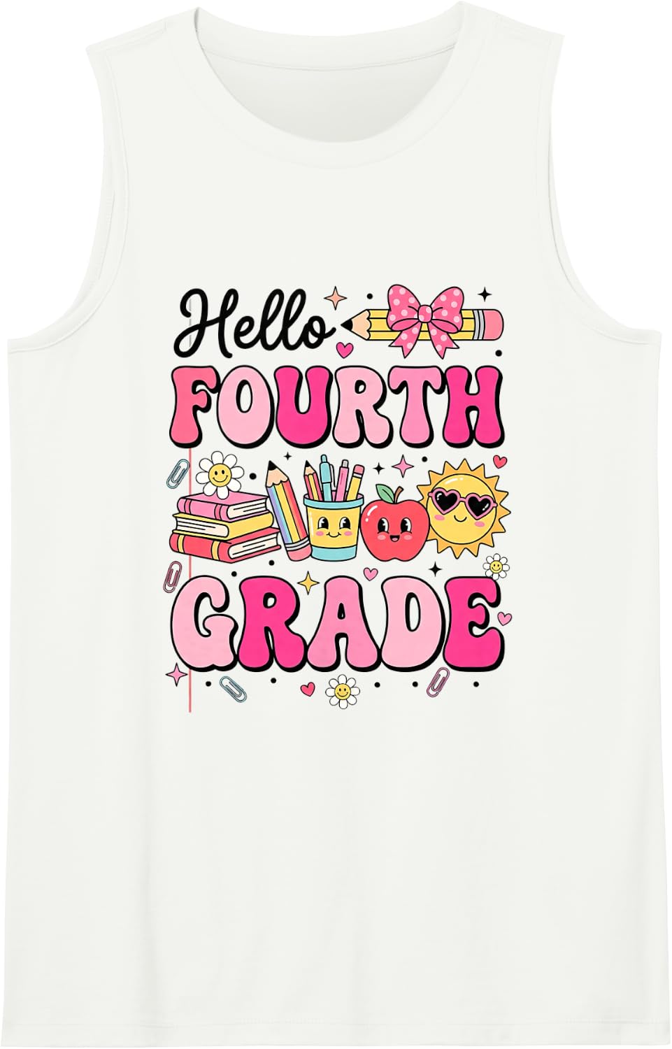Hello Fourth Grade Back to School Retro Teacher Student Sleeveless Tank Top - White