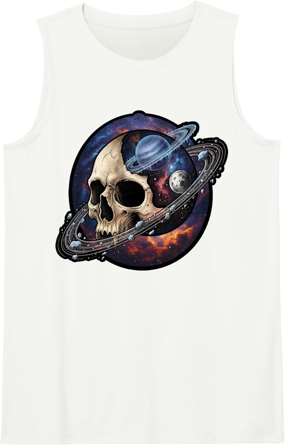 Space Skull Planet Ring Nebula Universe Astronomy Art Sleeveless Tank Top - White