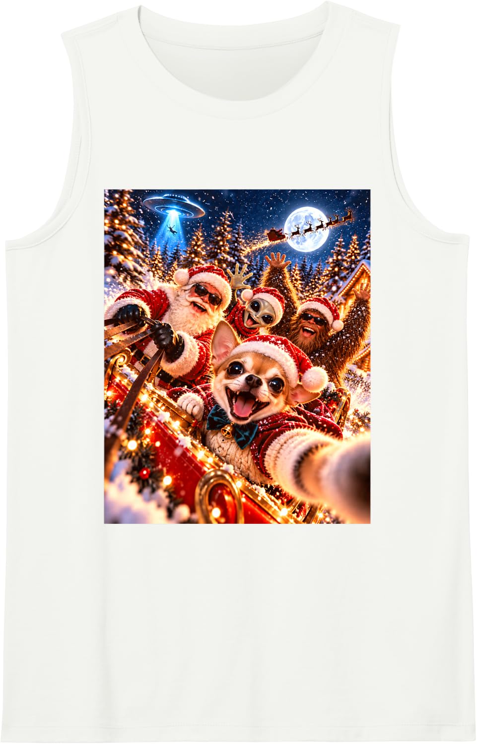 Cheerful Chihuahua Santa Christmas Selfie UFO Graphic Sleeveless Tank Top - White
