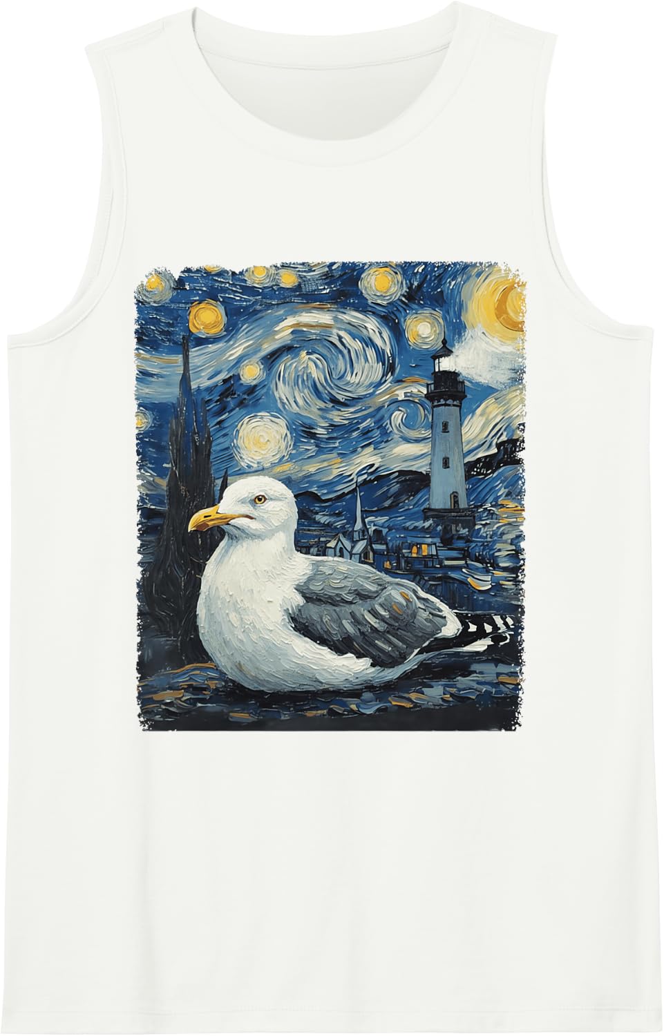 Starry Night Van Gogh Seagull with Lighthouse Coast Sleeveless Tank Top - White