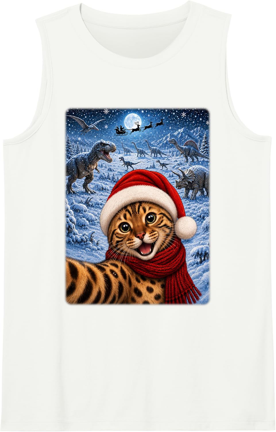 Xmas Dinosaurs Moon Night Starry Themed Bengal Cat Christmas Tank Top - White