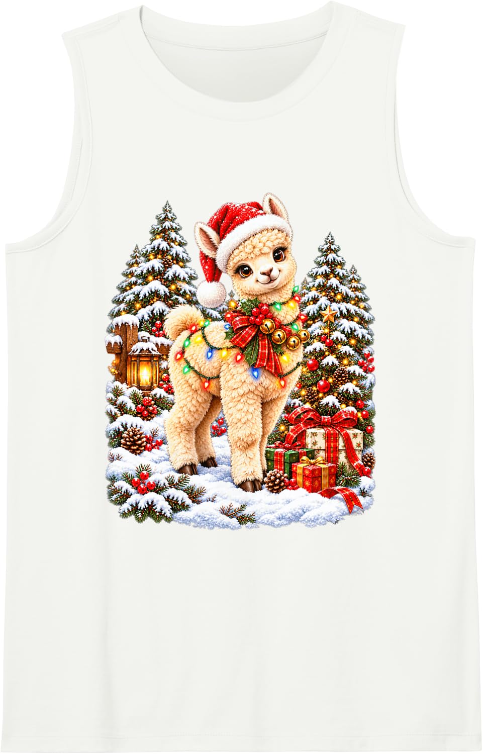 Adorable Alpaca Christmas Santa Snow Scene Sleeveless Tank Top - White