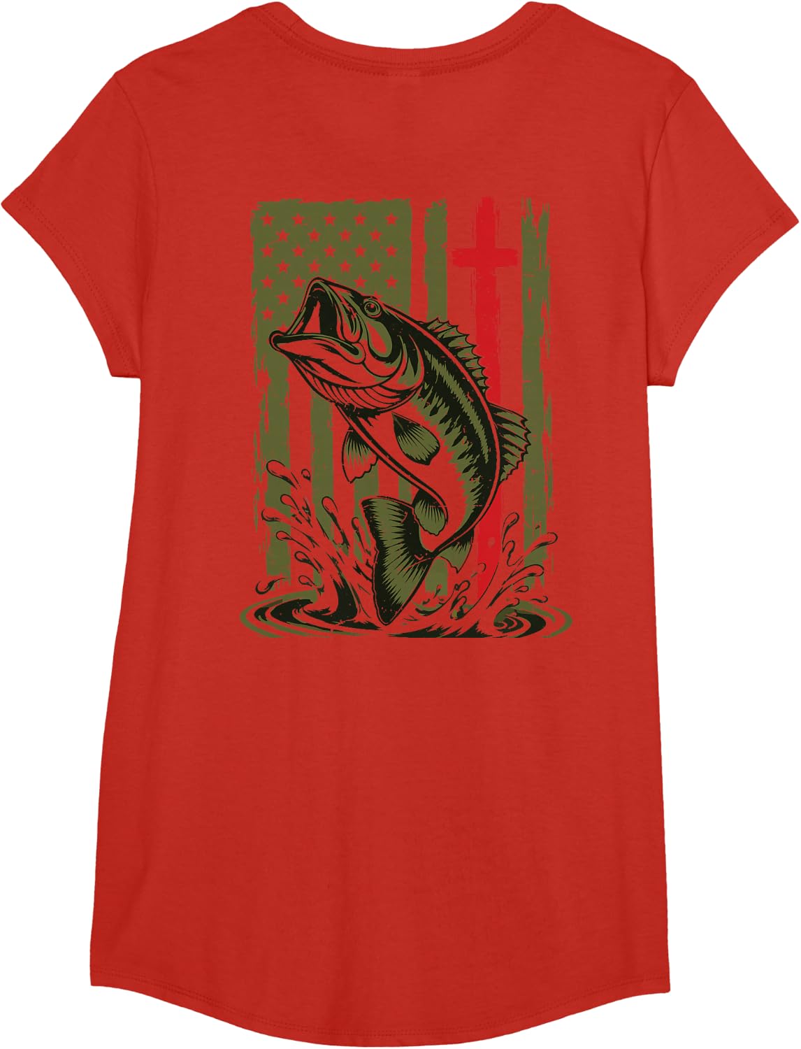 Mens Christian Fishing American Flag Camo Bass Fishing Cross T-Shirt - Girls Red