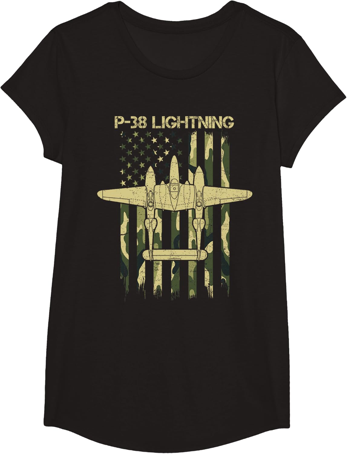 P-38 Lightning Flag USA Camo WW2 Aircraft Fighter Planes T-Shirt - Girls Black