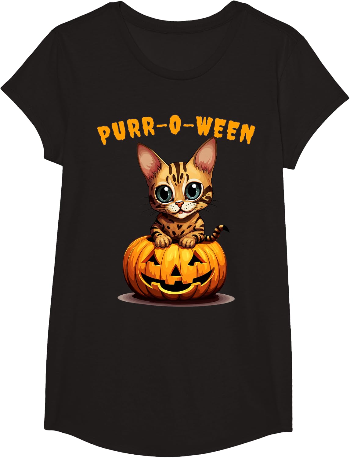 Halloween Funny Bengal Cat Purr-o-ween T-Shirt - Girls Black