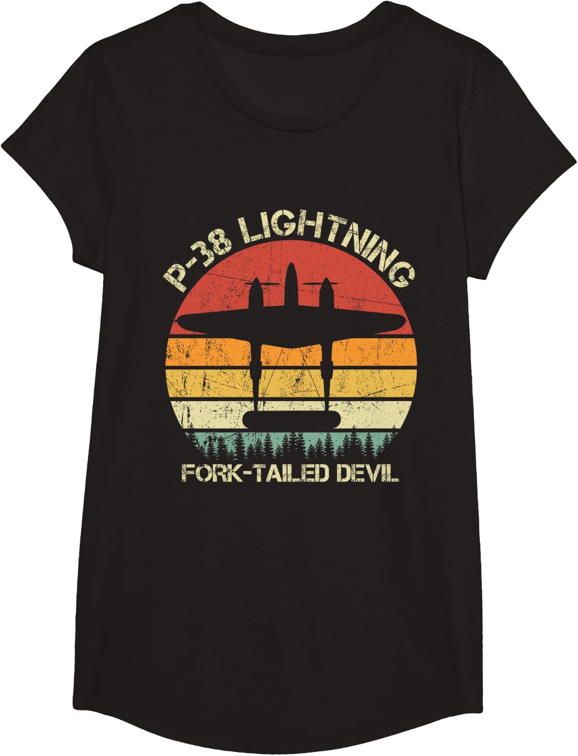 P-38 Lightning Fork-Tailed Devil Vintage WW2 Aircraft Planes T-Shirt - Girls Black