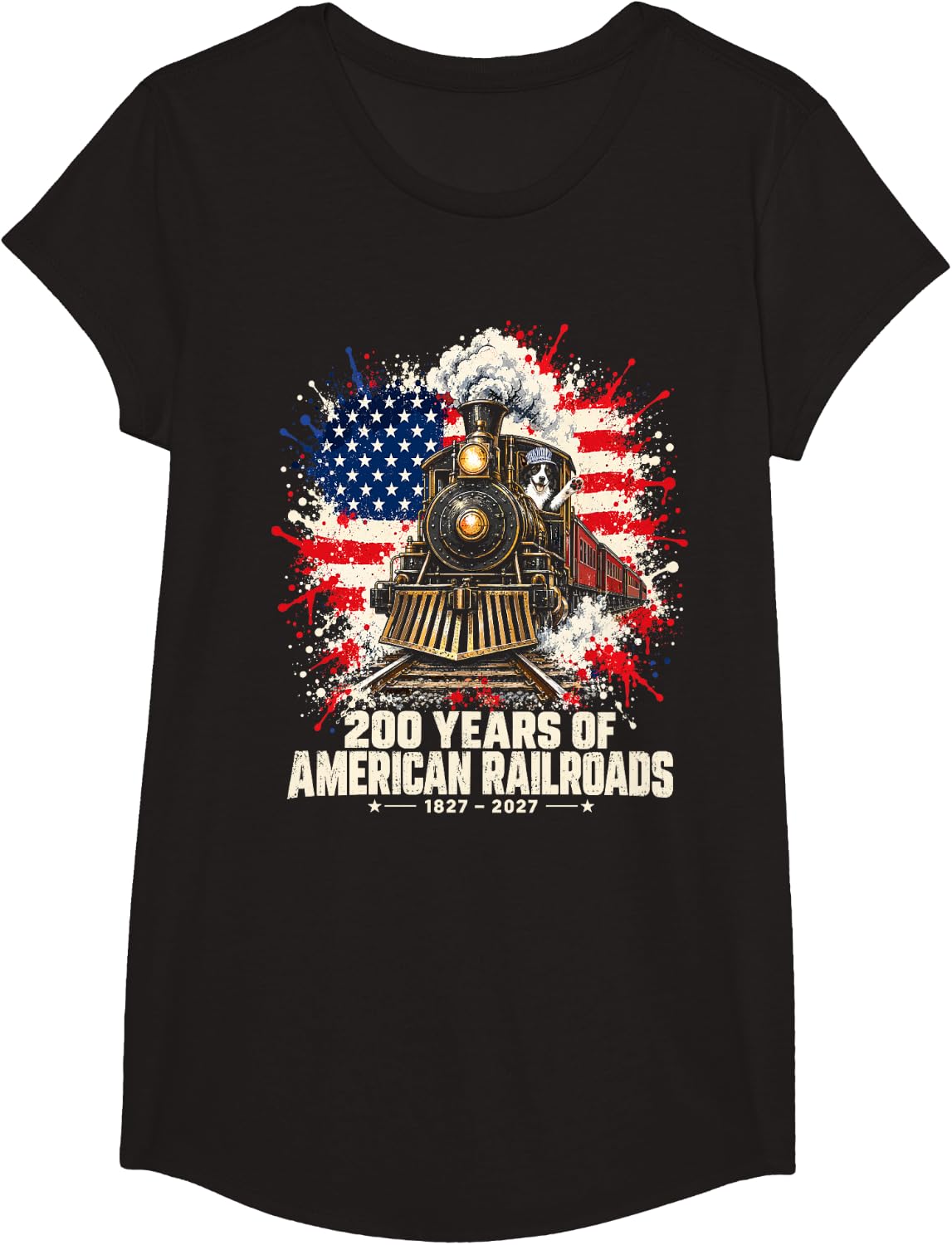 200 Years of American Railroads American Flag Border Collie T-Shirt - Girls Black