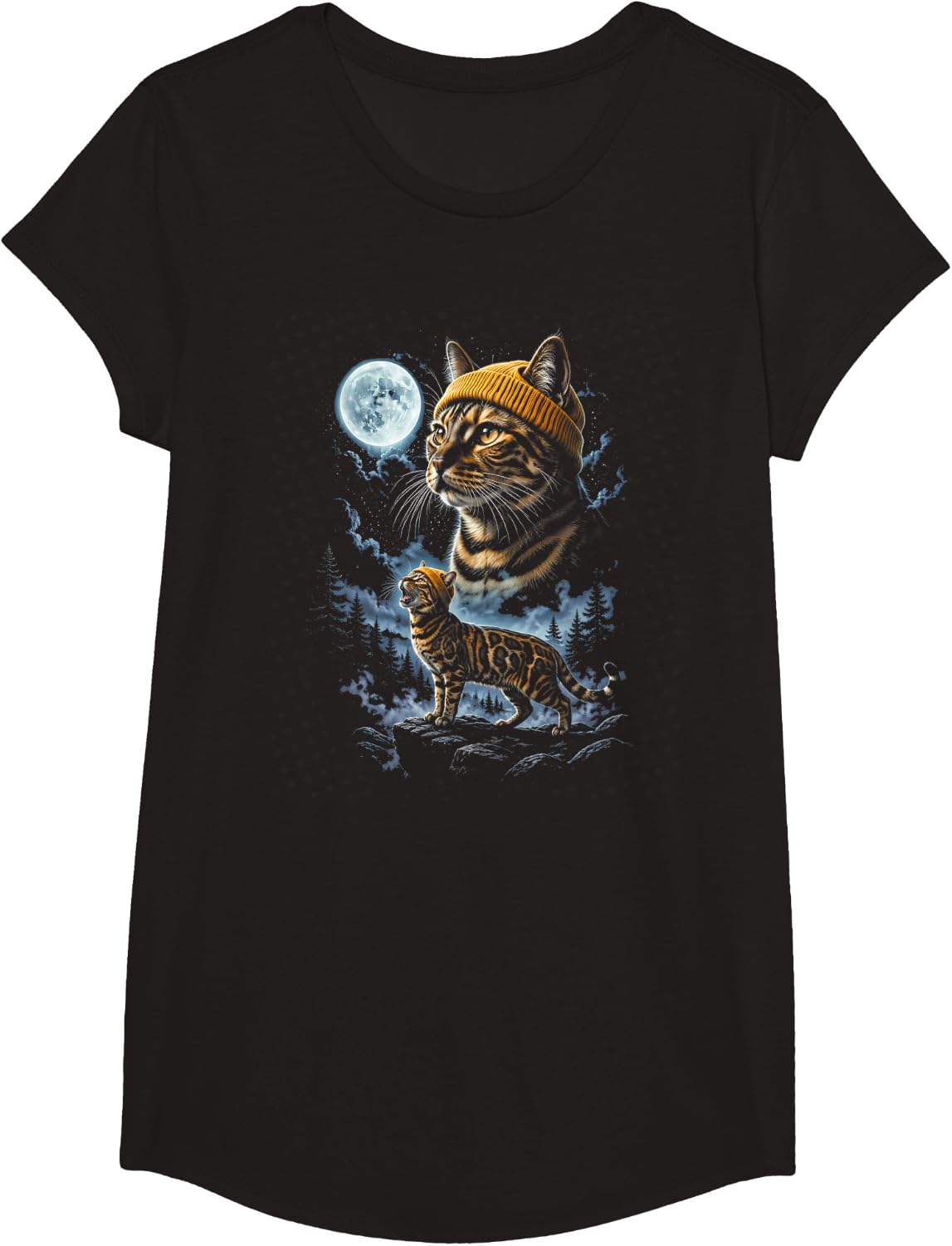 Bengal Hipster Cat Howling At The Moon Lover T-Shirt - Girls Black