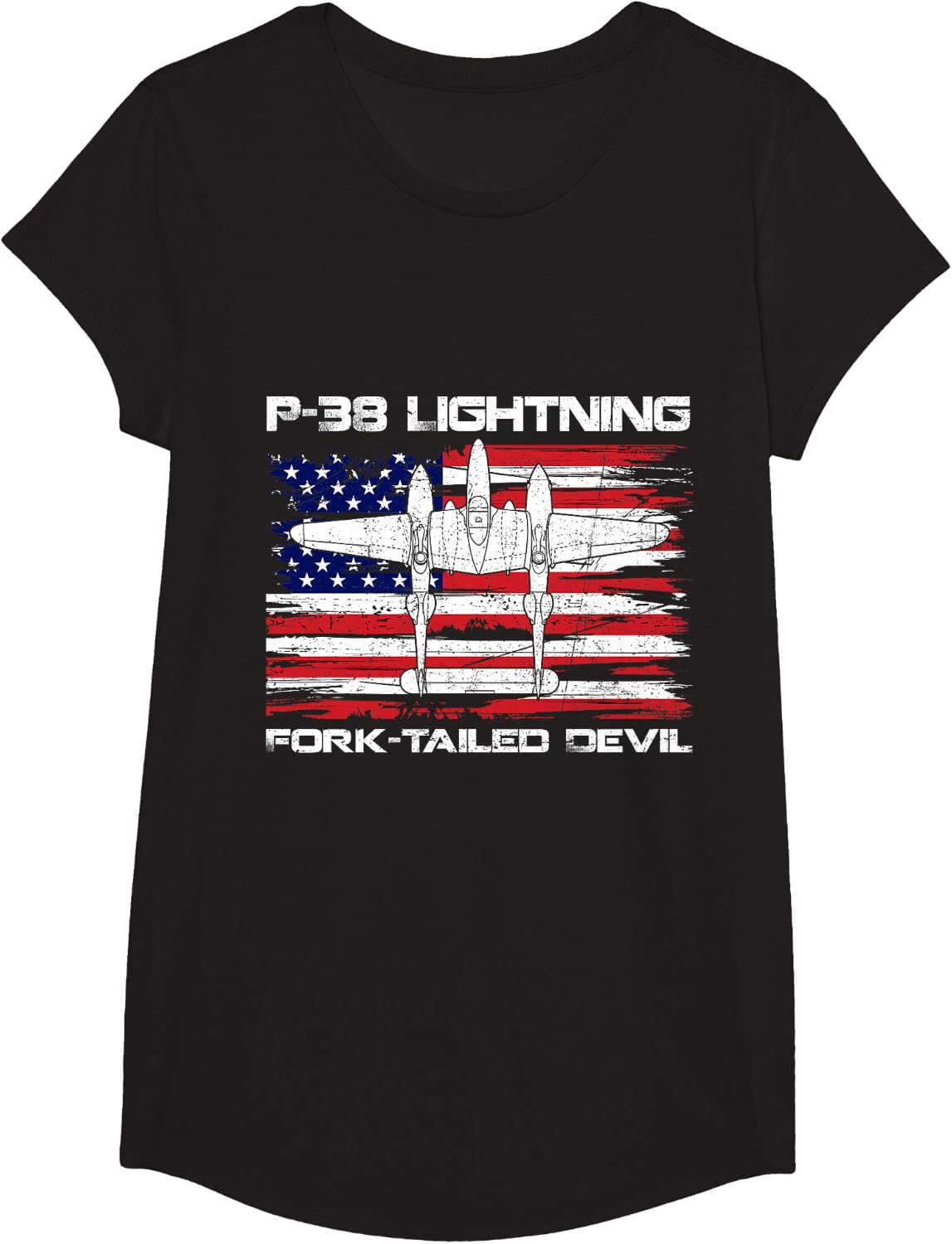 P-38 Lightning Fork-Tailed Devil Flag USA WW2 Aircraft Plane T-Shirt - Girls Black