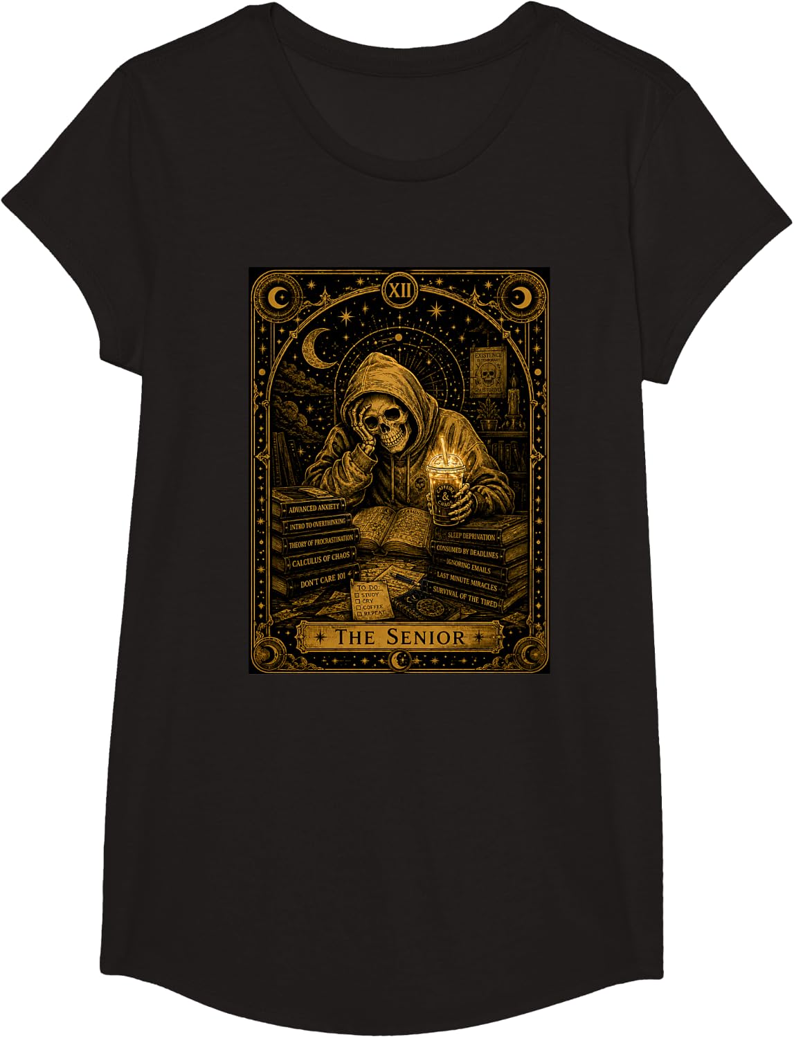 The Senior Funny Tarot Card Gothic Skeleton Coffee School T-Shirt - Girls Black