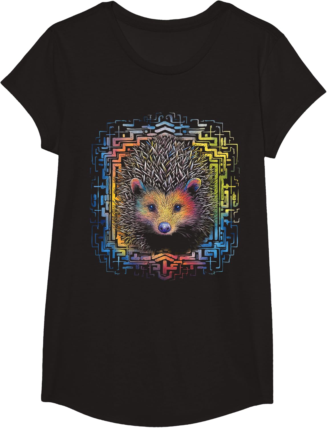 Hedgehog Mandala Animal Zoo Illustration T-Shirt - Girls Black