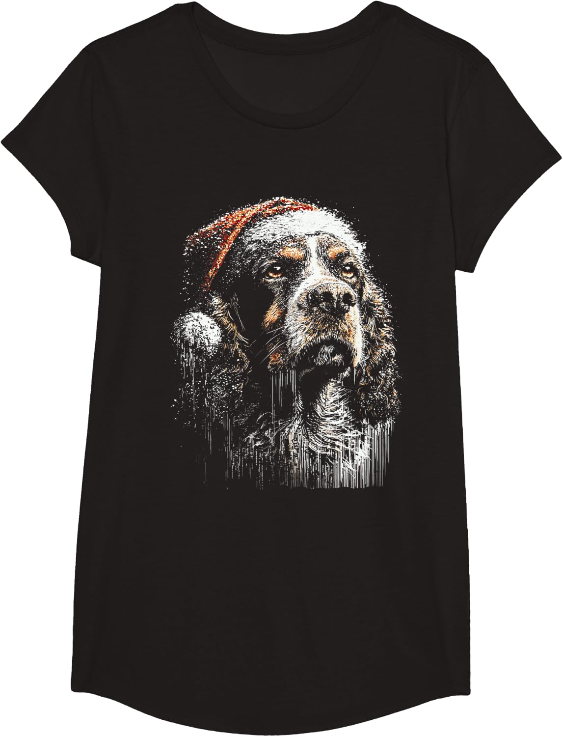 Snowy Christmas Cocker Spaniel with Santa Hat Winter Dog T-Shirt - Girls Black