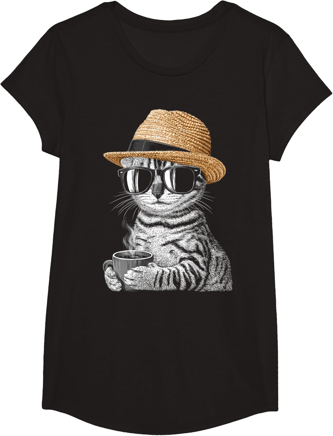 Bengal Cat Kawaii Print Coffee T-Shirt - Girls Black