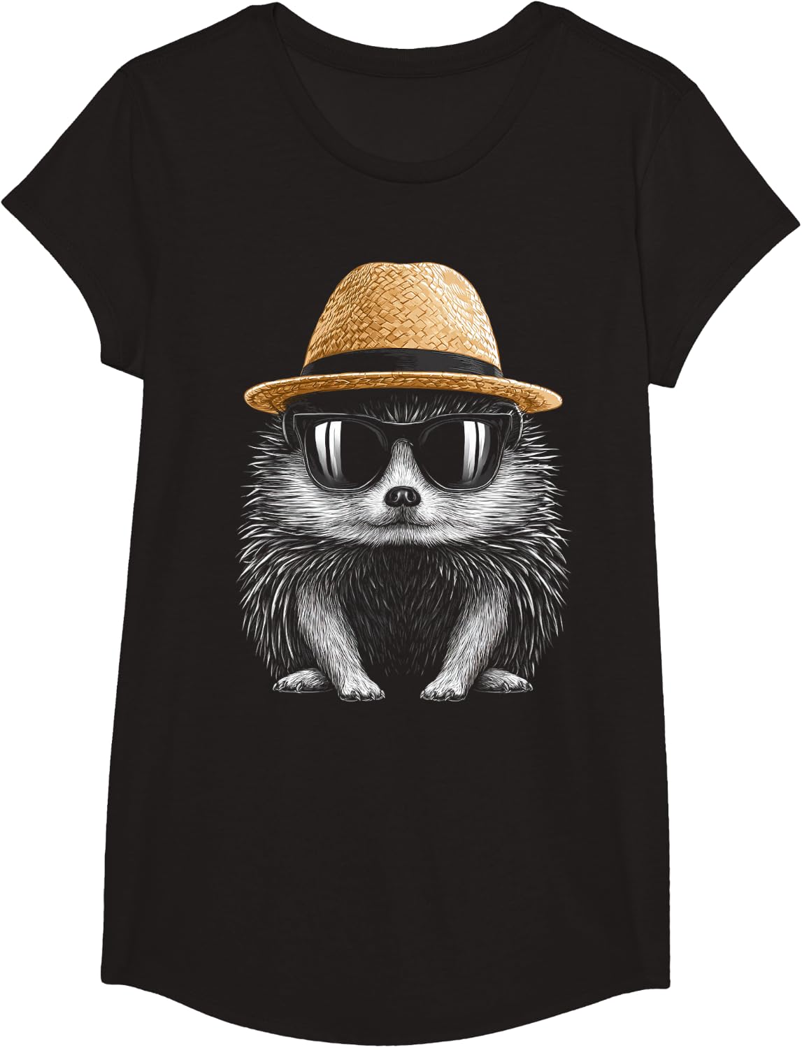 Cute Hedgehog with Sunglasses T-Shirt - Girls Black