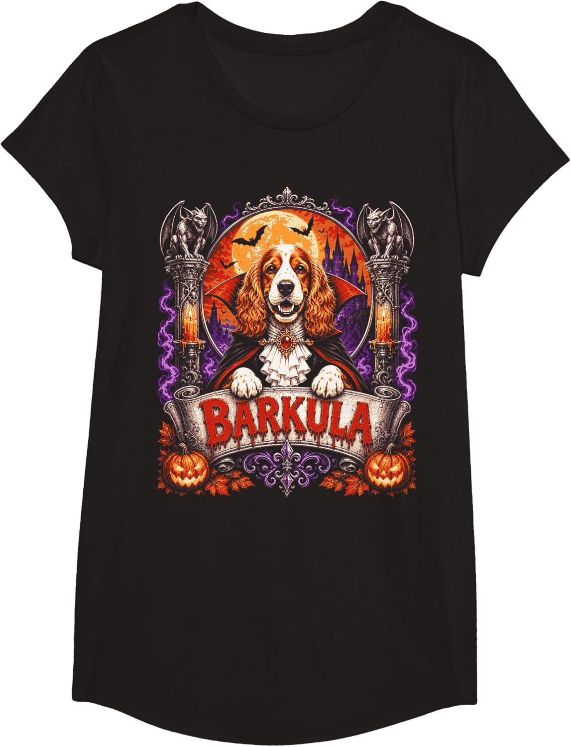 Halloween Cocker Spaniel Barkula Vampire Dracula Dog T-Shirt - Girls Black