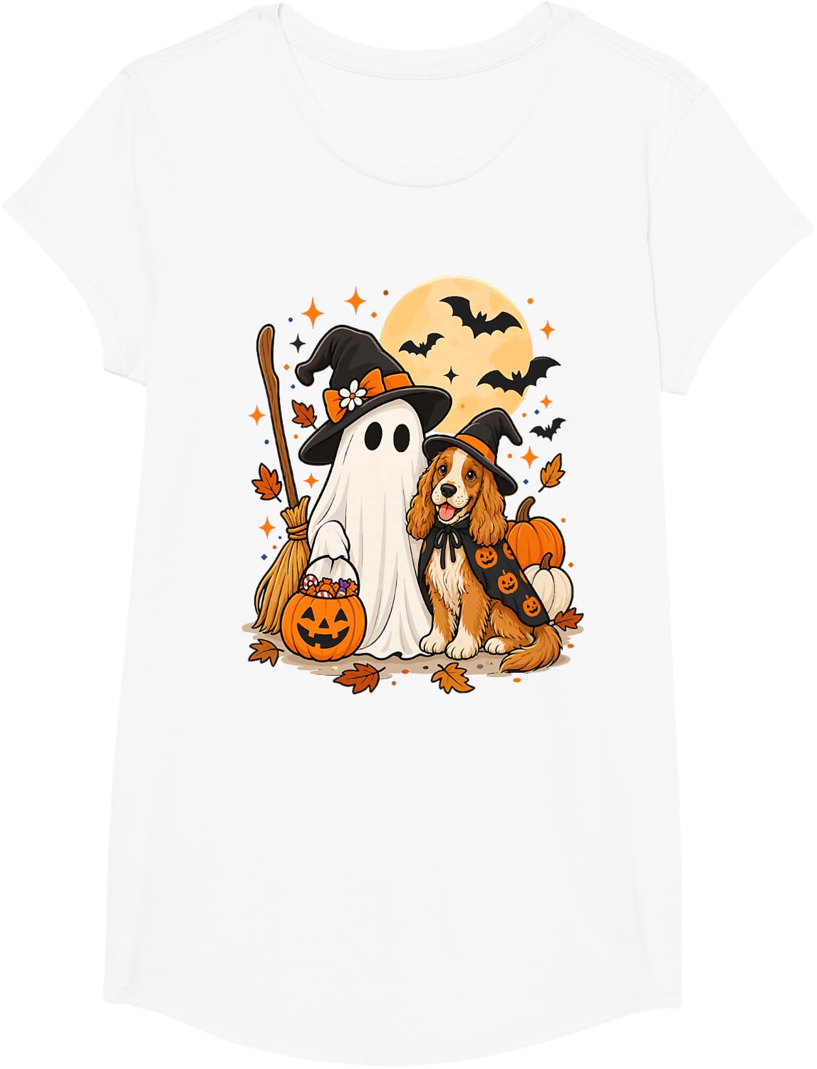 English Cocker Spaniel Ghost Witch Hat Halloween T-Shirt - Girls White