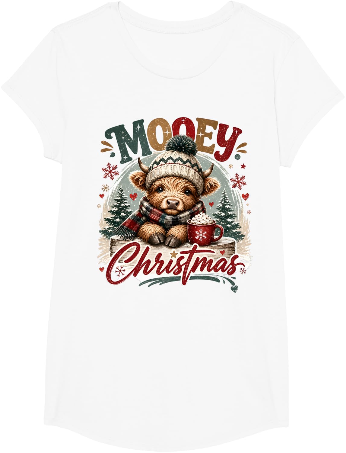 Mooey Christmas Highland Cow Design Xmas Cows Lover Funny T-Shirt - Girls White