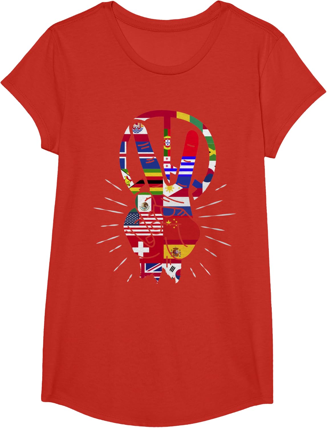 International Country Flag Peace Sign Hippie World Flag T-Shirt - Girls Red