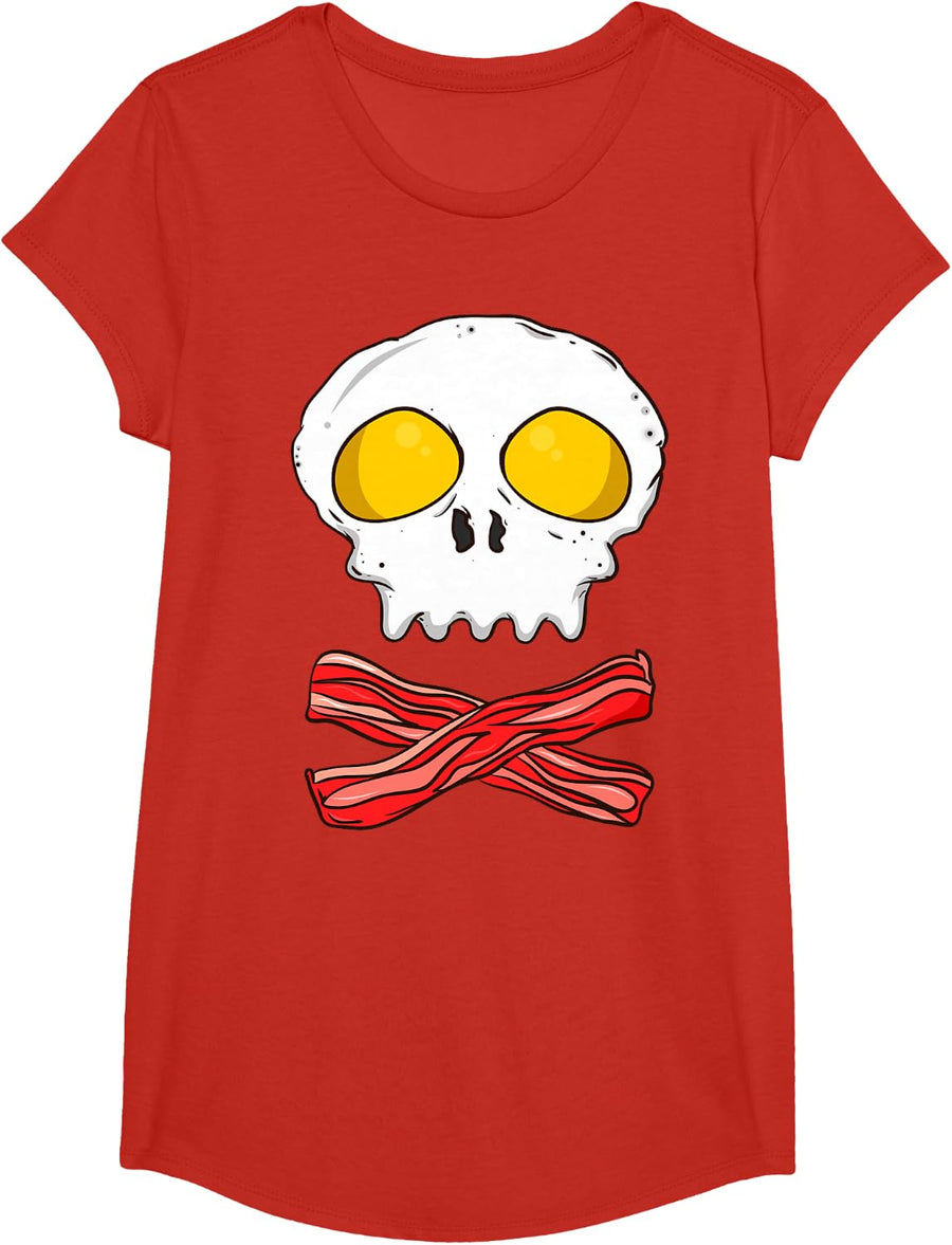 Eggs And Bacon Keto Diet Breakfast Pirate Skull BBQ Ketosis T-Shirt - Girls Red