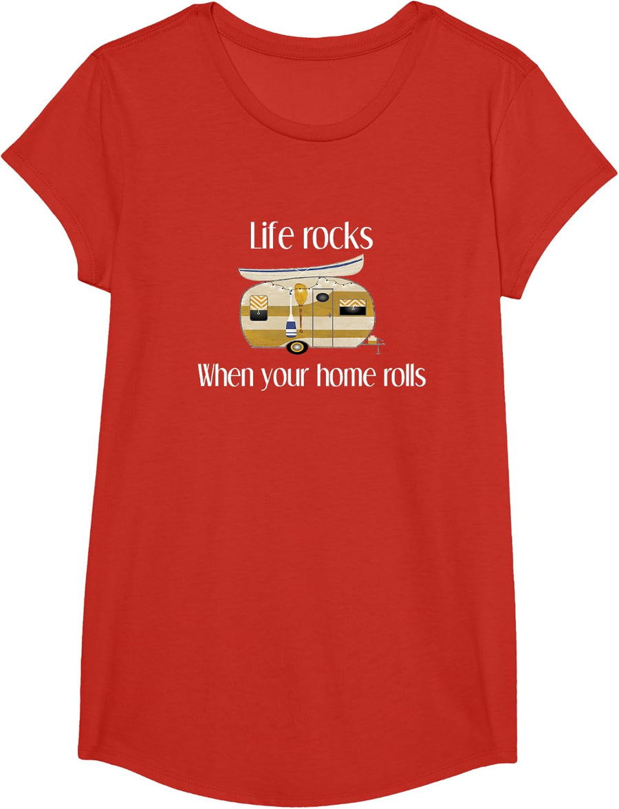 RV Life Camper Shirt, Life Rocks When Your Home Rolls Tee T-Shirt for Happy Campers - Girls Red