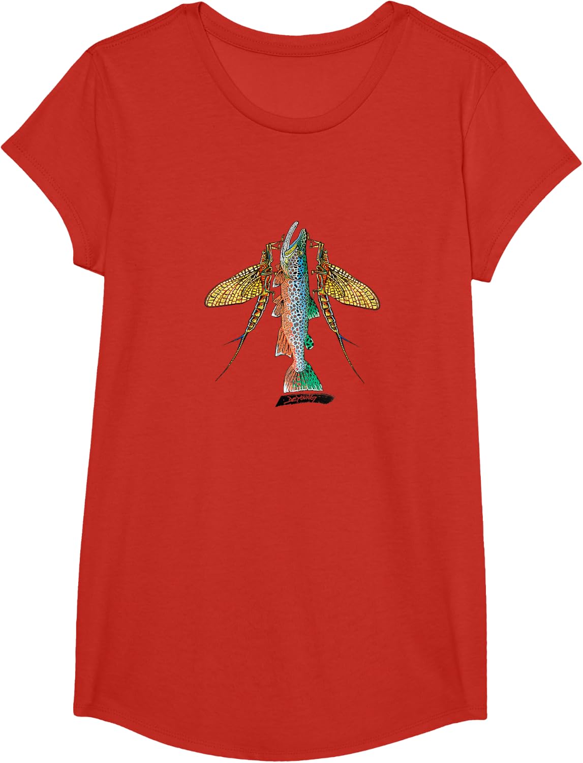 Rainbow Trout and Mayflies Fishing Tee Derek DeYoung Fish T-Shirt - Girls Red