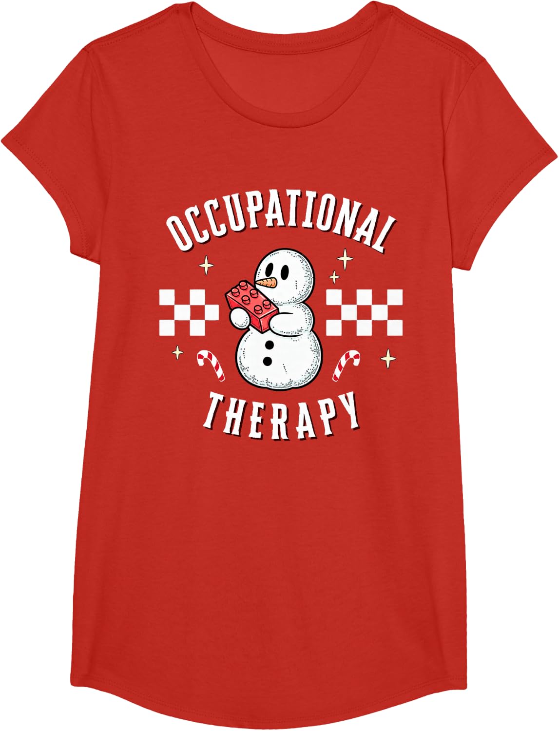 Occupational Therapy OT Christmas Snowman Squad Retro Groovy T-Shirt - Girls Red