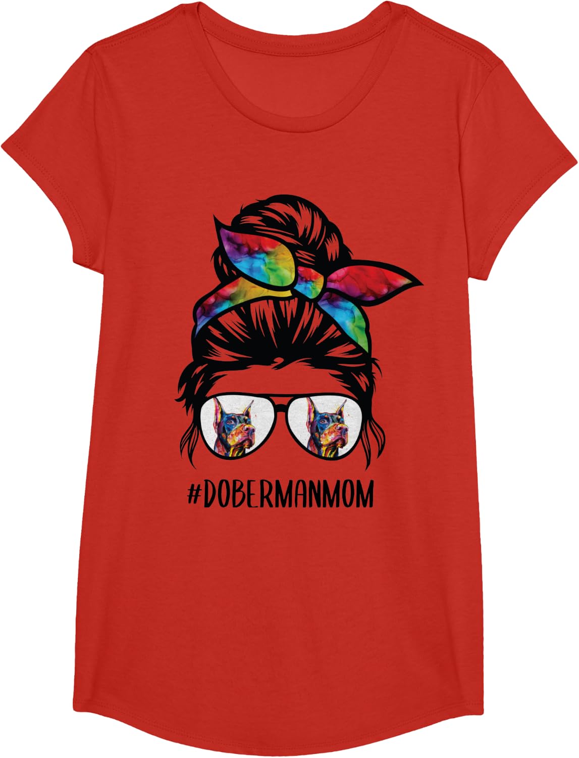 Doberman dog mom messy bun hair glasses, Dobie Mom messy bun T-Shirt - Girls Red