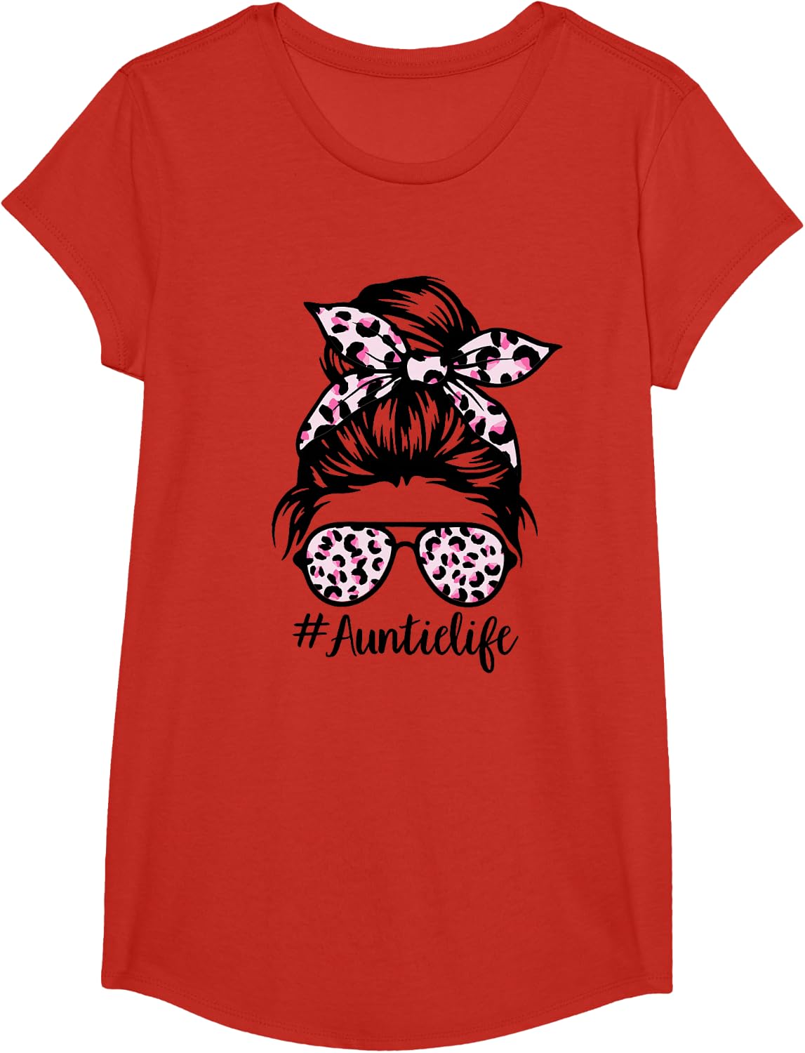 Pink Leopard Print Glasses Tees Messy Bun Hair T Shirts For Women Mom Auntie Gift Tee - Girls Red