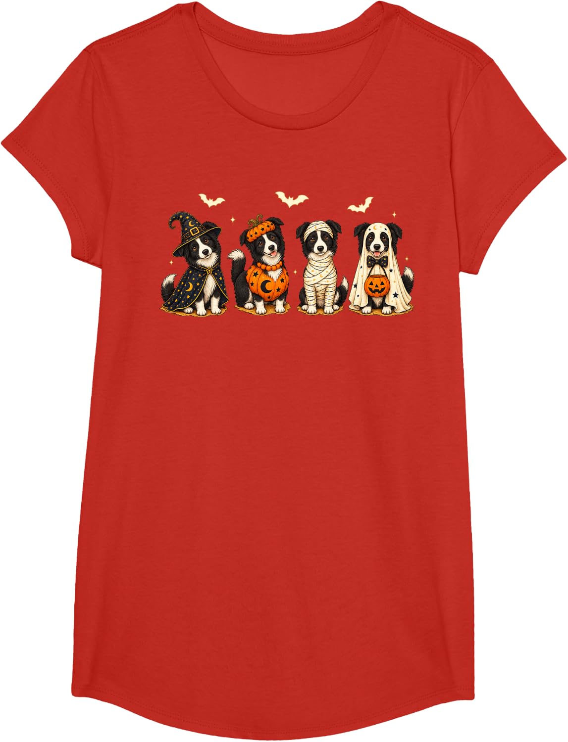 Cute Border Collie Dog Witch Ghost Pumpkin Halloween Costume T-Shirt - Girls Red