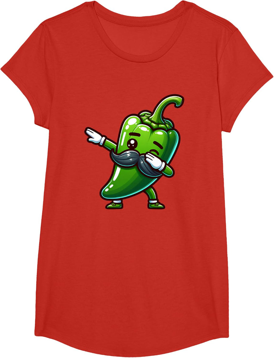 Dabbing Jalapeno Pepper Mustache Cinco de Mayo Boy Girl Kids T-Shirt - Girls Red