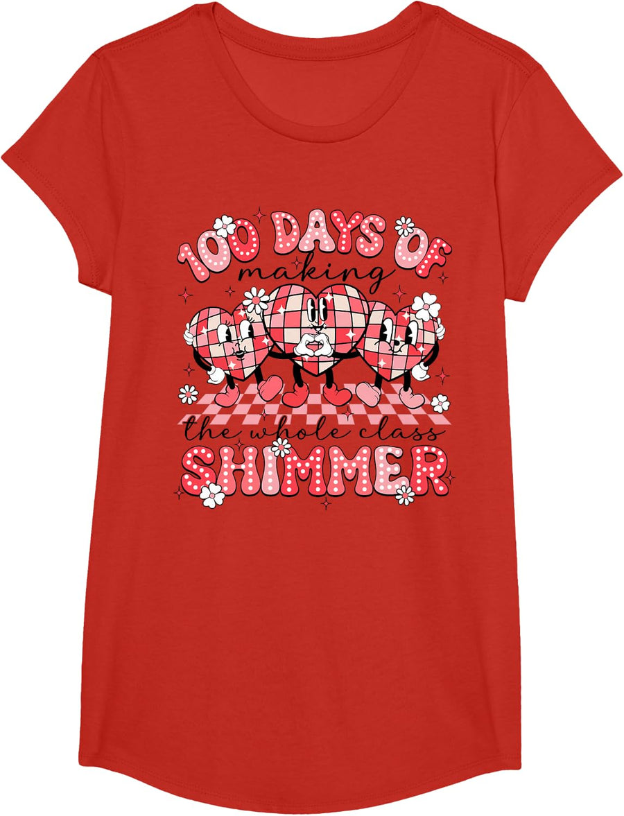 Disco Heart 100 Days Of Making Whole Class Shimmer 100th Day T-Shirt - Girls Red