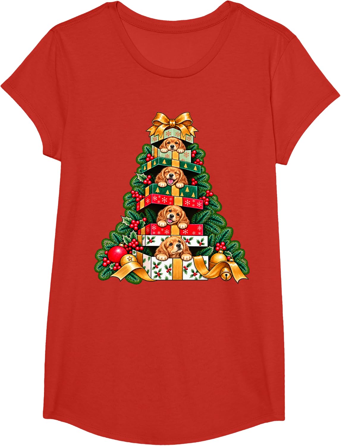 Cocker Spaniel Stacked Wrapped Boxes Holiday Tree Surprise T-Shirt - Girls Red