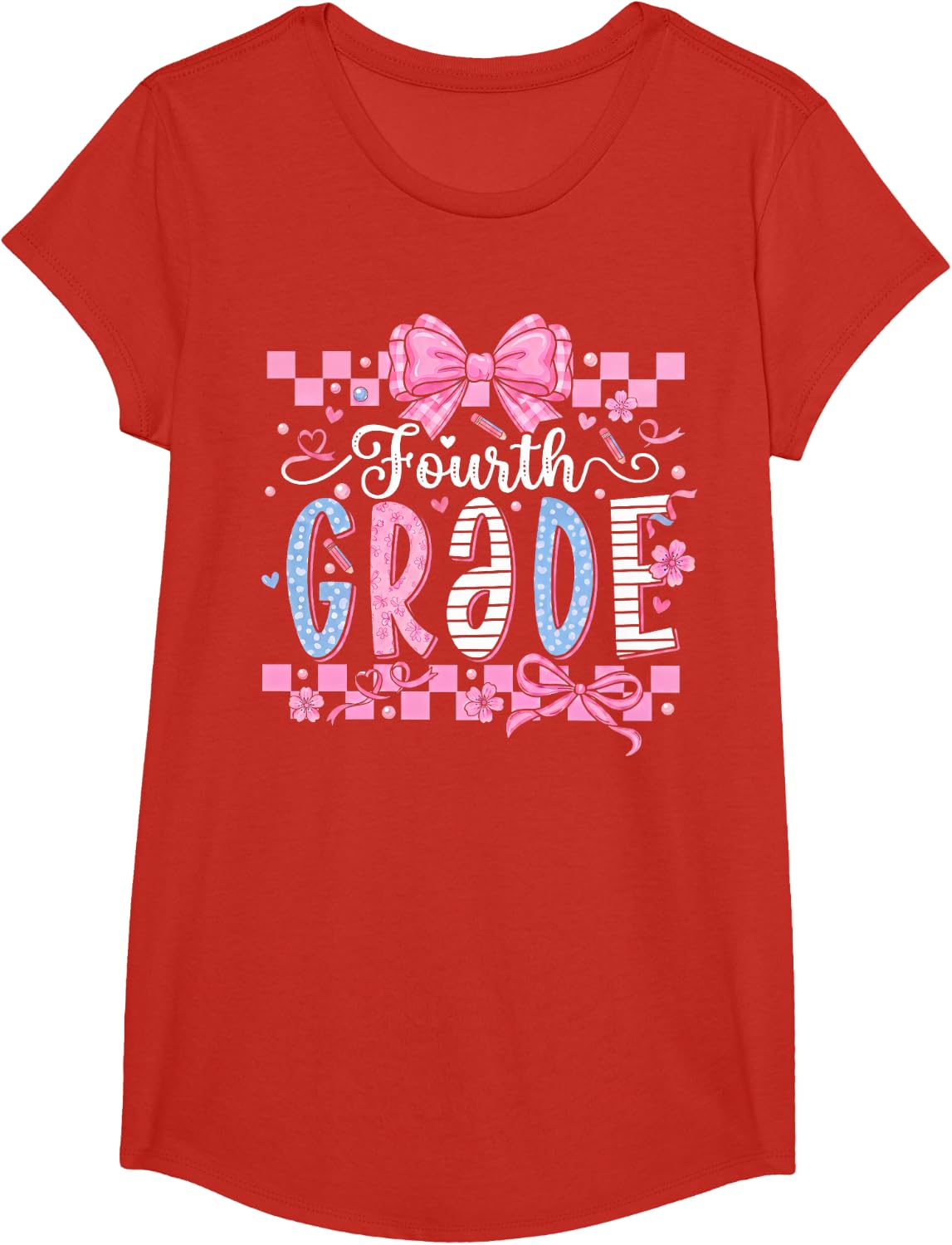 Fourth Grade Coquette Pink Bow Checkered Back to School T-Shirt - Girls Red